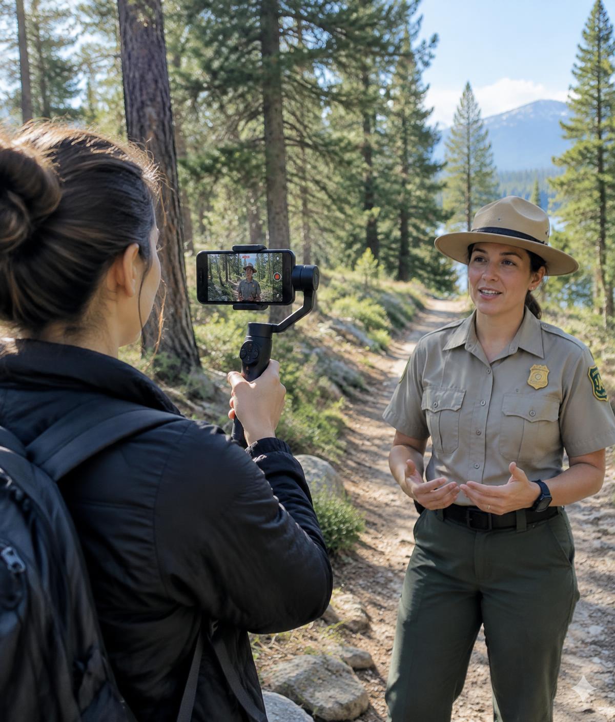 A communicator films a park ranger on a forest trail with a smartphone gimbal